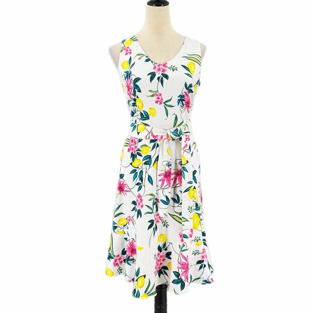 Talbots RSVP PETITE White Lively Lemon Citrus Floral Garden Party Summer Dress